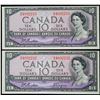 Image 1 : 1954 $10 BC-40a #N/D4092232-2233  Lot of 2 consecutive notes AU