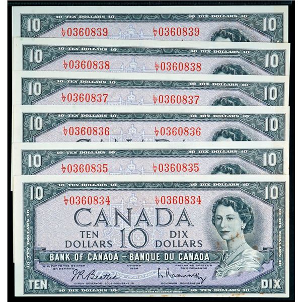 1954 $10 BC-40b #L/V0360834-0839  Lot of 6 consecutive notes Uncirculated or better.