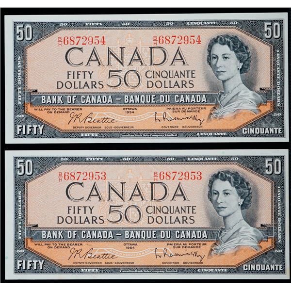 1954 $50 BC-42b #B/H6872953-2954 Lot of 2 consecutive notes Choice Uncirculated.