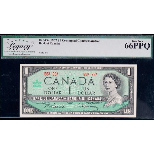 1967 $1 BC-45b, Legacy Superb Gem Uncirculated-66PPQ.  Lot of 2 notes.