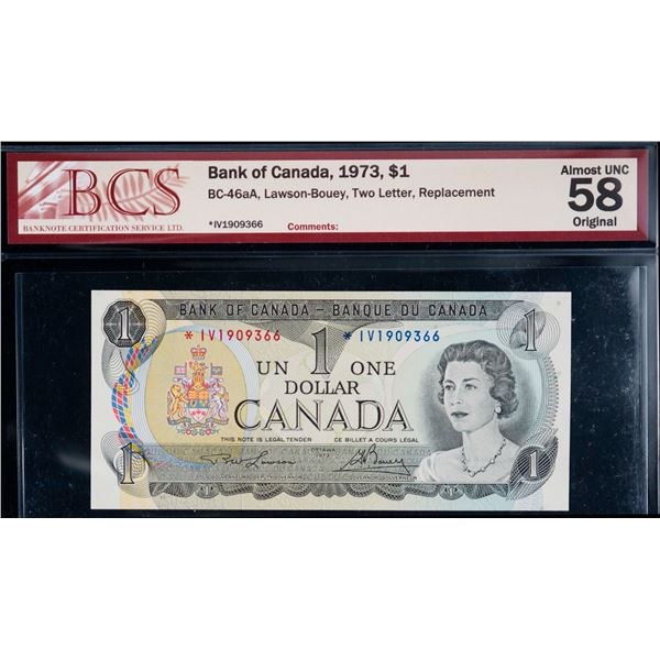1973 $1 BC-46aA #*IV BCS Choice About Uncirculated-58, 1974 $2 BC-47aA #*BA0673955 Legacy Choice Abo
