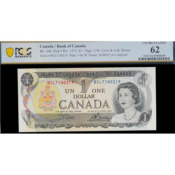 1973 $1 BC-46b (4), 1986 $2 BC-55a.  Lot of 6 notes, all PCGS Choice Uncirculated-62 to Gem Uncircul