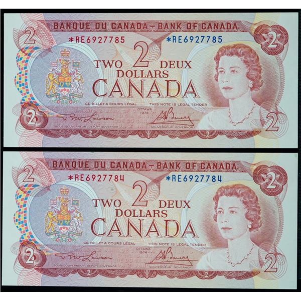 1974 $2 BC-47aA #*RE69277854-7785 Lot of 2 consecutive notes Choice Uncirculated.