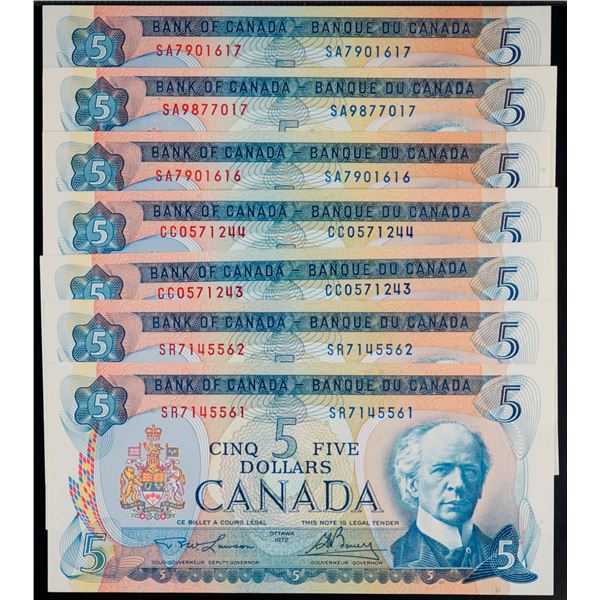 1972 $5 BC-48a & 48b includes consecutive pairs.  8 notes in Uncirculated or better.