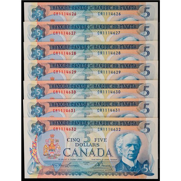 1972 $5 BC-48b #CR1114626-4632.  7 Consecutive notes in Uncirculated or better.