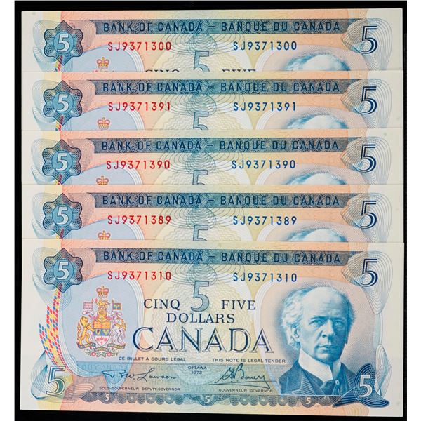 1972 $5 BC-48b #SJ - Lot of 5 notes in Uncirculated or better.