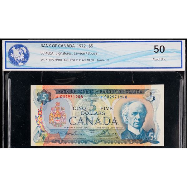 1972 $5 BC-48bA #*CU2971948, 1973 $1 BC-46aA #*IG8415421 & BC-46bA #EAX1972411.  Lot of 3 replacemen