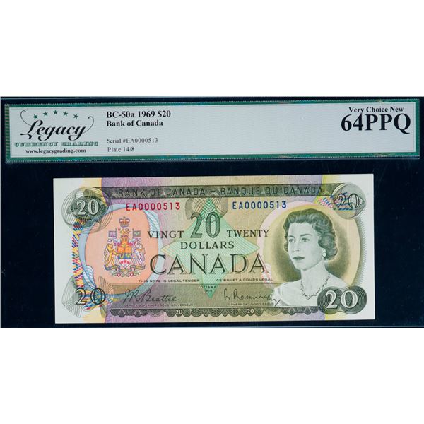 1969 $20 BC-50a #EA0000513, Legacy Choice Uncirculated-64PPQ.  Nice Low Serial Number.