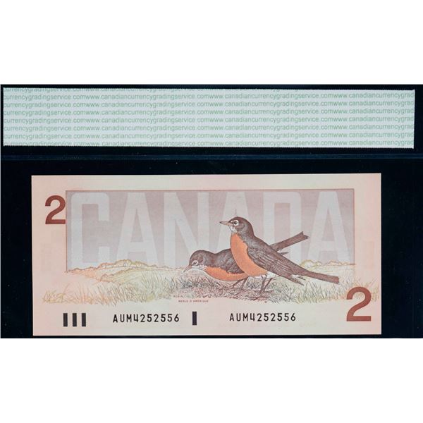 1986 $2 BC-55b "cross over signature".  Lot of 2 consecutive notes CCGS Gem Uncirculated-65