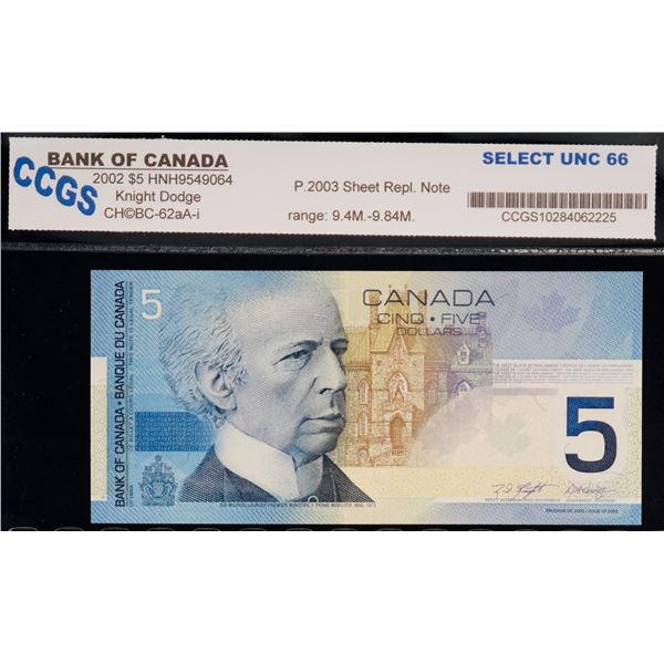 2002 $5 BC-62aA-i # HNH9549064 "9.4M - 9"84M" CCGS Superb Gem Uncirculated-66