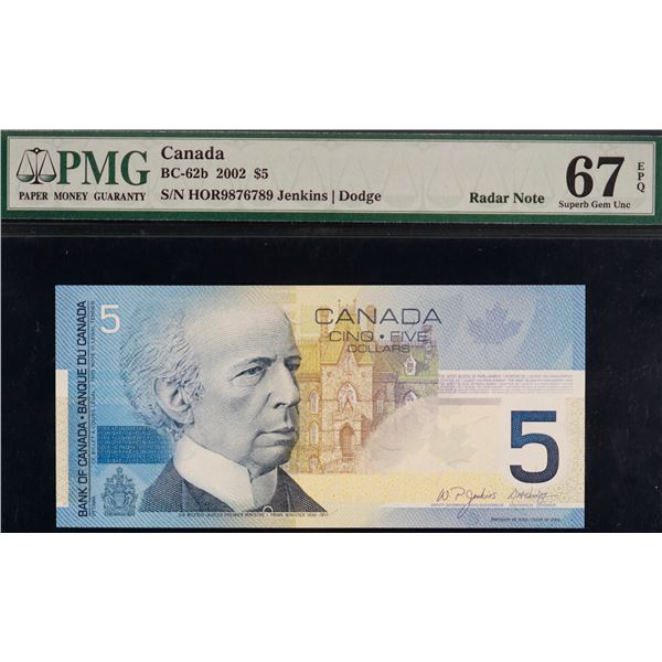2002 $5 BC-62b #HOR9876789, PMG Superb Gem Superb Gem Uncirculated-67EPQ.