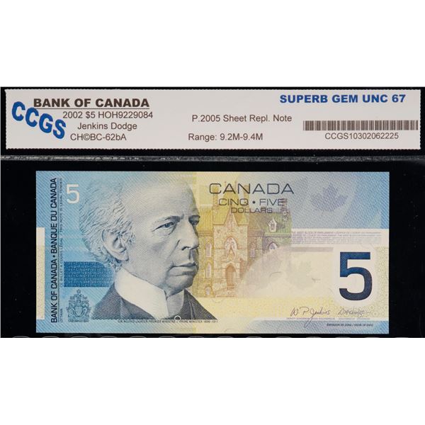 2002 $5 BC-62bA #HOH9229084 "9.2M-9,4M" CCGS Superb Gem Uncirculated-67