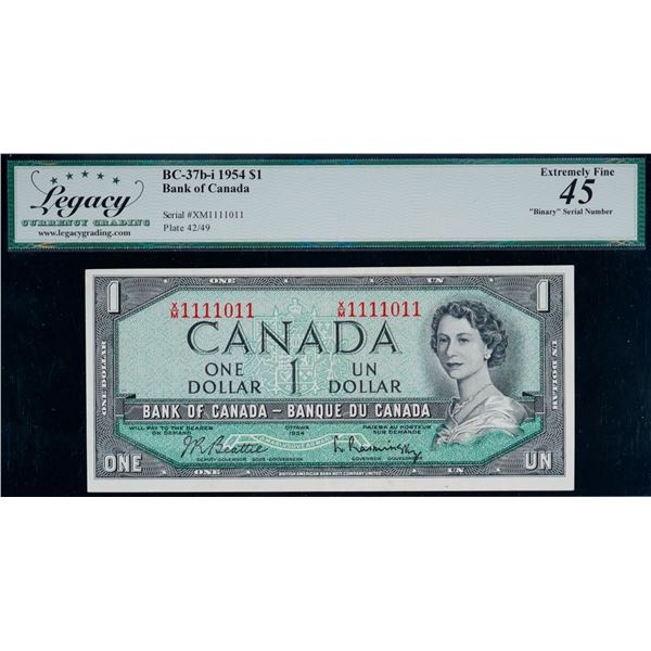 Fancy Number; 1954 $1 BC-37b-i X/M1111011 Legacy Choice Extra Fine-45.  "Insignificant stain on back