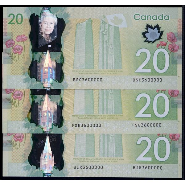 Binary Notes;  2012 $20 #FSE3600000, #BSC3600000 & #BIR3600000.  Lot of 3 notes with same serial num