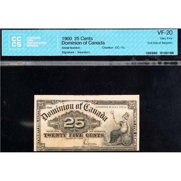 Error; 1900 25¢ DC-15c CCCS Very Fine-20 cut out of register