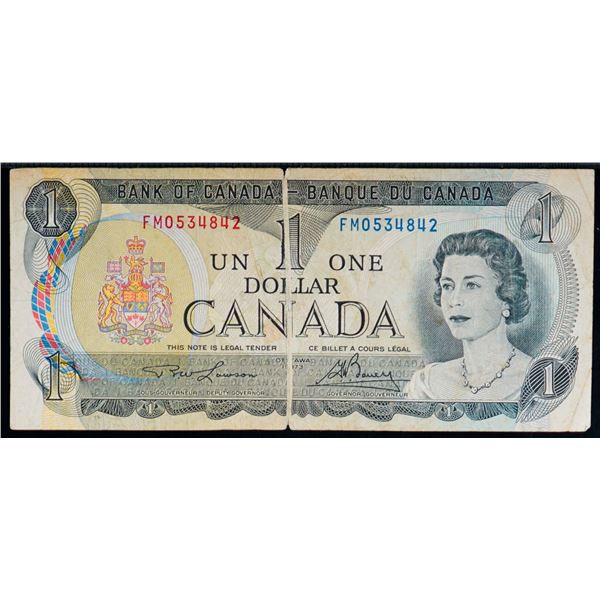 Error; 1973 $1 BC-46a #FM0534842 Fine.  Gutterfold on face.