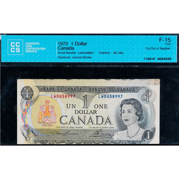 Error; 1973 $1 BC-46a #LW0458997 CCCS Choice Fine-15.  Cut out of register.