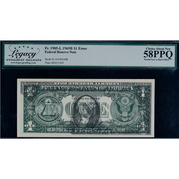 Error; USA 1969B $1 #L14106426B Plate B362/1405 Legacy Choice About Uncirculated-58PPQ. Partial Face