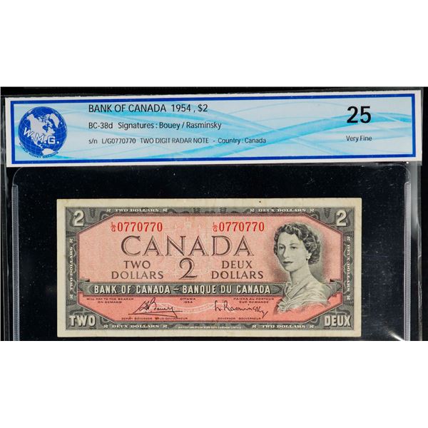 Radar; 1954 $2 BC-38d #L/G0770770 VF with small stains on back.  2 Digit Radar.