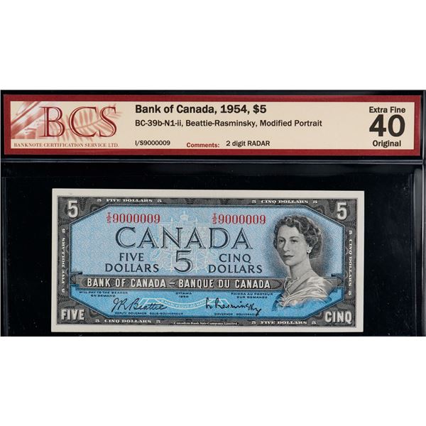 Radar; 1954 $5 BC-39b-N1-ii #T/S9000009 BCS Extra Fine-40 Original.  2 Digit Radar