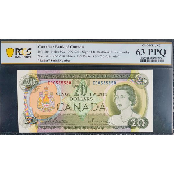 Radar;  1969 $20 BC-50a #ED0555550, PCGS Choice Uncirculated-63PPQ.  Two Digit Radar.