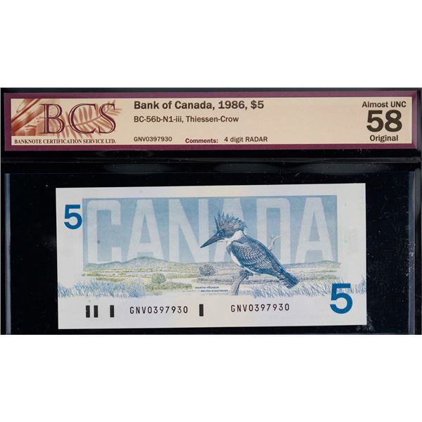 Radar; 1986 $5 BC-56b-N1-iii #GNV0397930 BCS Choice About Uncirculated-58