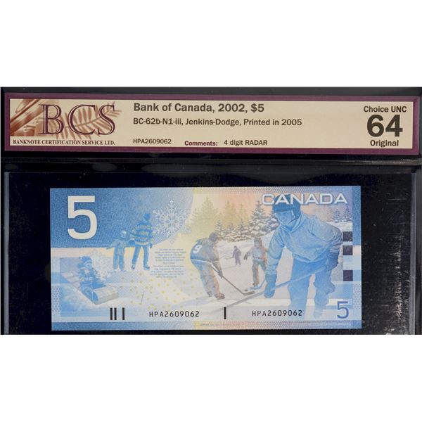 Radar; 2002 $5 BC-62b-N1-iii #HPA2609062 BCS Choice Uncirculated-64