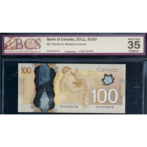 Radar; 2011 $100 BC-73a-N1-iii #EKJ8106018 BCS Choice Very Fine-35