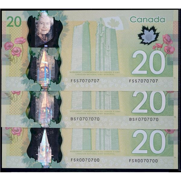 Radar Notes;  2012 $20 #FSR0070700, #BSF0707070, #FSS7070707.  Lot of Two-Digit Radar/Repeater notes
