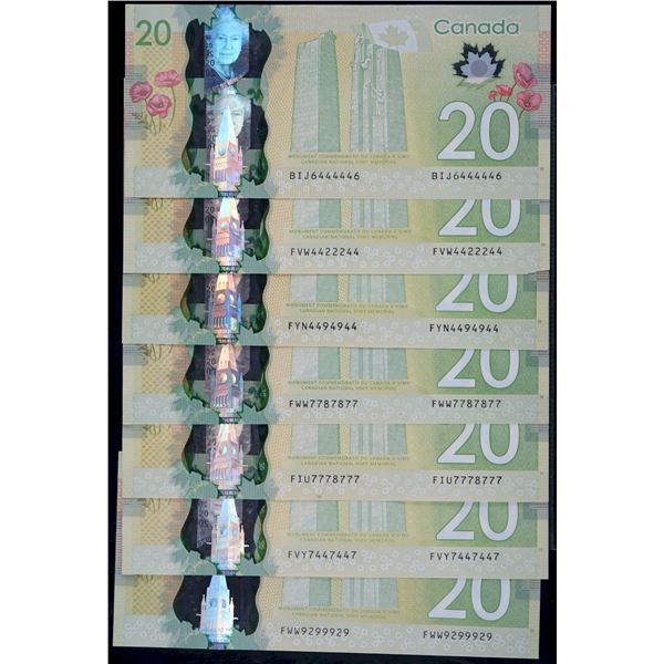 Radar Notes;  2012 $20 Two-Digit issues #BIJ6444446, #FVW4422244, #FYN4494944, #FWW7787877, #FIU7778