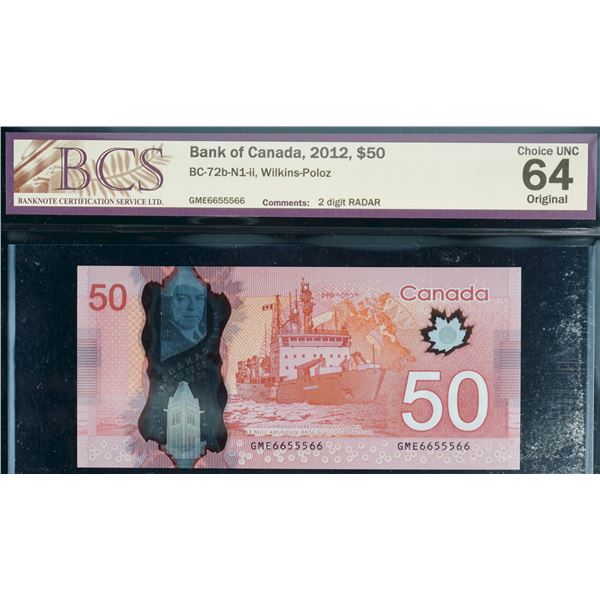 Radar; 2012 $50 BC-72b-N1-ii #GME6655566 Choice Uncirculated-64. 2 Digit Radar.