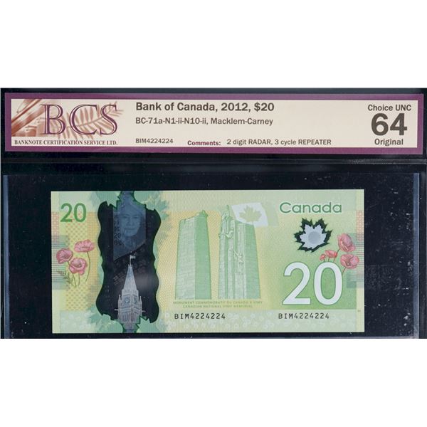 Radar & Repeater; 2012 $20 BC-71a-N1-ii-N10-ii #BIM4224224 BCS Choice Uncirculated-64
