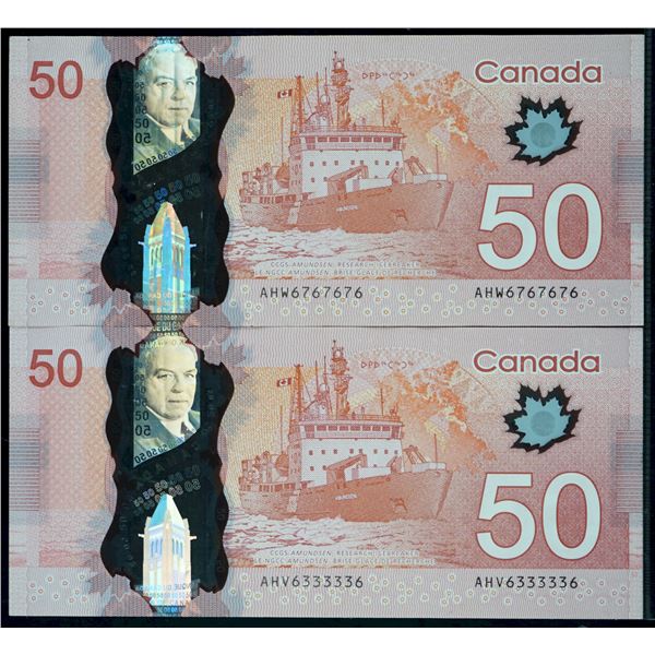 Repeater Note;  2012 $50 #AHW6767676 & Two-Digit Radar #AHV6333336.  Lot of 2 notes VF to EF averag.