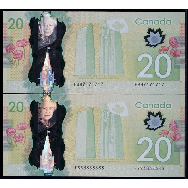 Repeater Notes;  2012 $20 #FWH7171717 & #FSS3838383.  Lot of 2 notes VF to EF