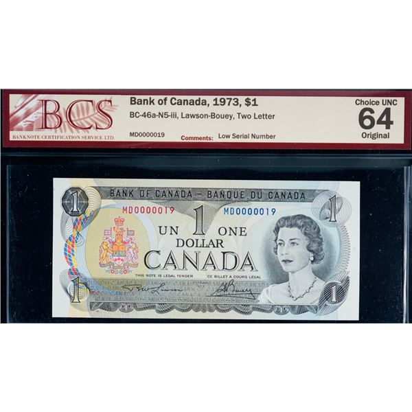 Low Number; 1973 $1 BC-46a-N5-iii #MD0000019 BCS Choice Uncirculated-64 Original