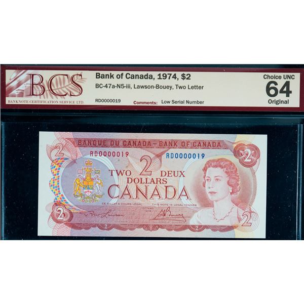 Low Number; 1974 $2 BC-47a-N5-iii #RD0000019 BCS Choice Uncirculated-64 Original