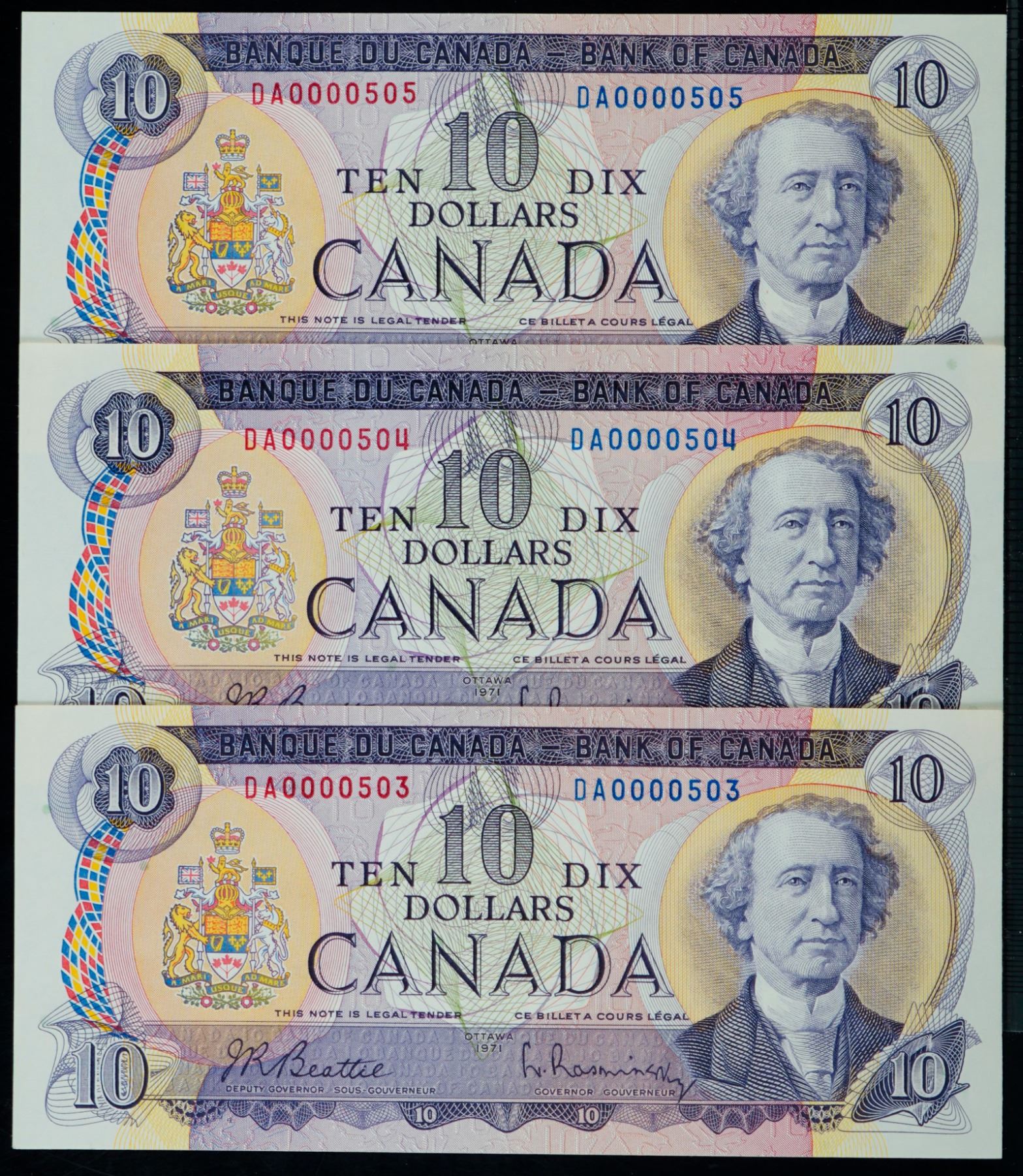 Lowo Numbers Low Numbers; 1971 $10 BC-49b #DA0000503-504-505 Lot of 3 consecutive ...