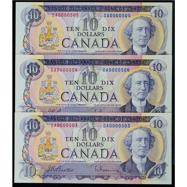 Low Numbers; 1971 $10 BC-49b #DA0000503-504-505 Lot of 3 consecutive notes. Unc to Choice Uncirculat