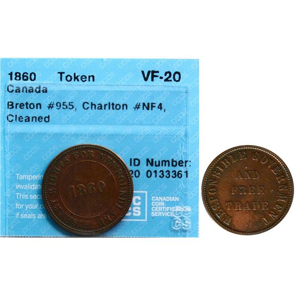 NF-4, Breton #955 ICCS AU50 1860 "Fishery rights for Nfld", CCCS VF20 w/cleaning.