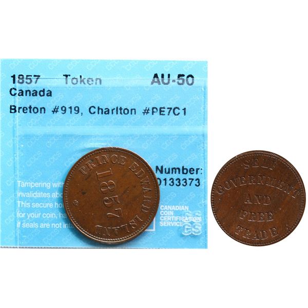 PE-7C1, Breton 919 - PEI-55 Lr#354 - 1857 1/2 Penny, CCCS AU50