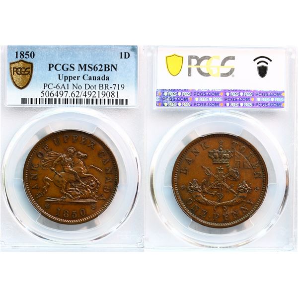 PC-6A1, Br:719 1850 1p "No Dot" PCGS MS62 BN