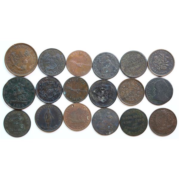 Token Lot; Group of 32 Canadian & British tokens.  About Good to Fine. Some with issues.