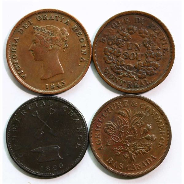 Token Lot; Includes Lower Canada, Upper Canada & Nova Scotia Half pennies.  Lot of 4 pieces VG to VF