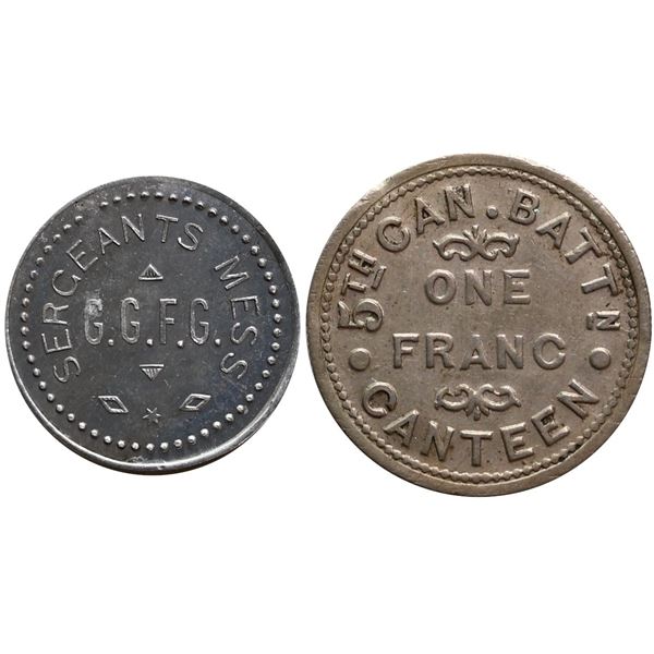 Tokens;  Lot of 2 military canteen tokens, includes CEF WWI 5th Can. Batt’n Canteen One Fra