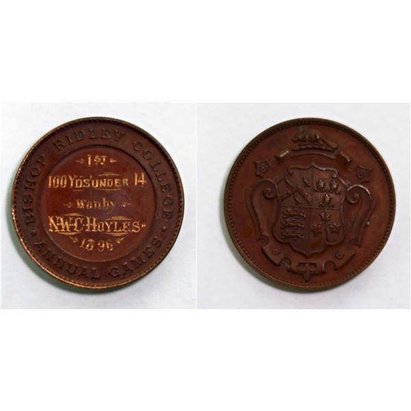Medal;  Bishop Ridley College Annual Games Medal, 1896. Copper 38mm. Arms of the college topped by a