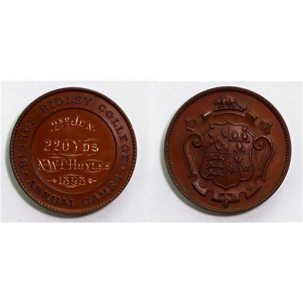 Medal;  Bishop Ridley College Annual Games Medal, 1896. Copper 38mm. Arms of the college topped by a