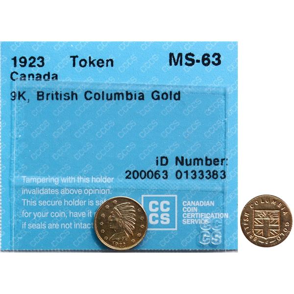 British Columbia Gold; 1923 9kt Gold, CCCS MS63.