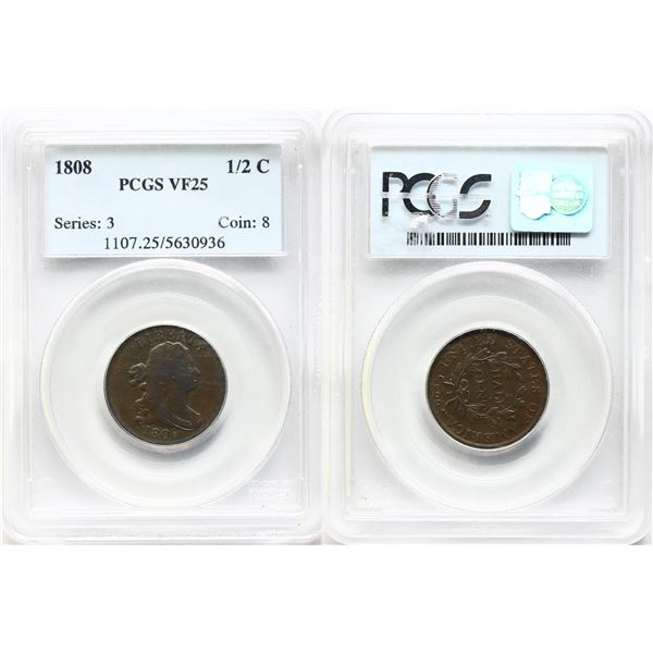 USA; 1808 1/2¢ series 3 coin 8 PCGS VF25