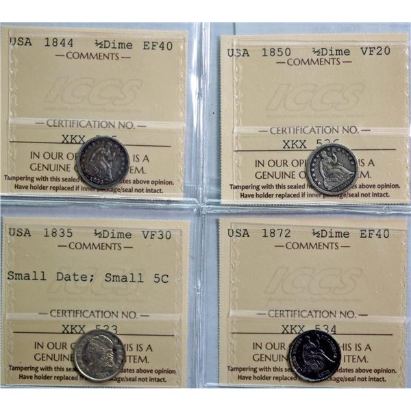 USA; 1835  small date - small 5c Half dime  ICCS VF30, 1844 1/2 dime ICCS EF40, 1850 1/2 dime ICCS V