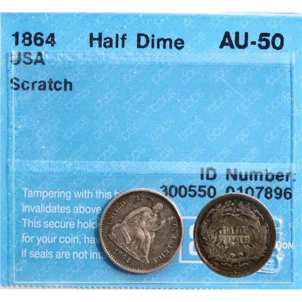 USA; 1864 Half Dime CCCS AU50 Scratch